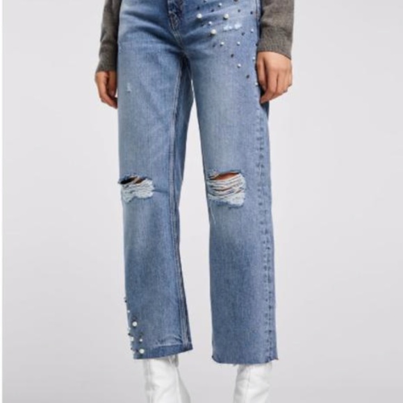 Zara Distressed Embellished Straight Leg Jeans - Picture 1 of 3